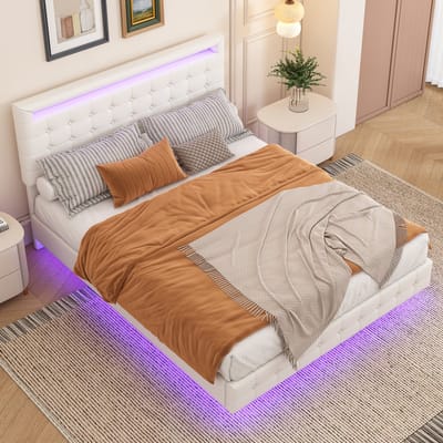 MODFU Tweepersoonsbed – 140x200 cm – LED & Verstelbaar Hoofdbord – Zwevend Design – PU – Wit