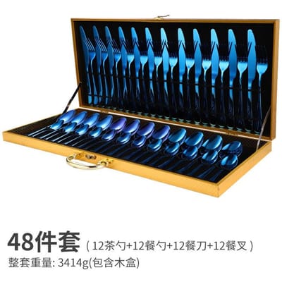 Luxe léger couteau en acier inoxydable fourchette et cuillère 48 pièces cadeau coffret en bois doré hôtel vaisselle de style occidental