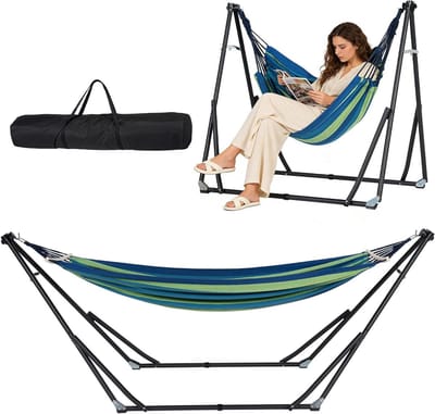 Hangmat Schommel - Buitenstoel - Ontspannen Buiten - 2-in-1 Design - 243x88 cm - Blauw Gestreept