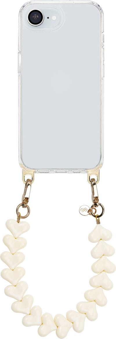 Selencia Transparant Hoesje met Haakjes inclusief Hartjes Polskoord - Geschikt voor Apple iPhone 17e / 16e - Beige