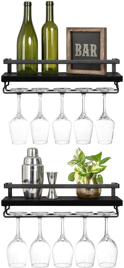 Wijnrek set van 2 houten plank rustieke fles glas zwevende planken glaswerk hanger moderne planten foto's display opslag houder keuken eetkamer bar, zwart, 43 x 15 x 1,8 cm