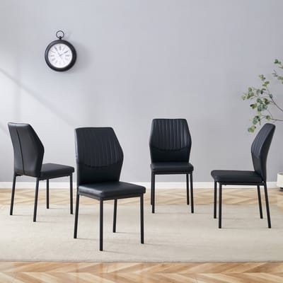 MODFU Eetkamerstoelen Set Van 4 - Met Verticale Rugleuning - Modern - Voor Eetkamer Of Woonkamer - Metaal En Imitatieleer - Zwart