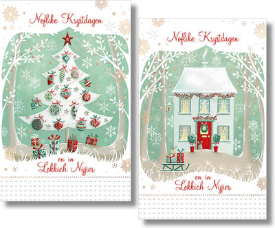 MGPcards - 2 doosjes à 10 Luxe dubbele wenskaarten - Friese tekst - Kerst/Nieuwjaar - Foliebewerking - Witte envelop - 10.5 x 16 cm - 2 Motieven per doosje