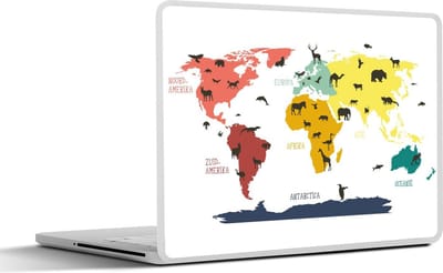 Laptop sticker - 13.3 inch - Wereldkaart kinderen - Dieren - Kleuren - 31x22,5cm - Laptopstickers - Laptop skin - Cover