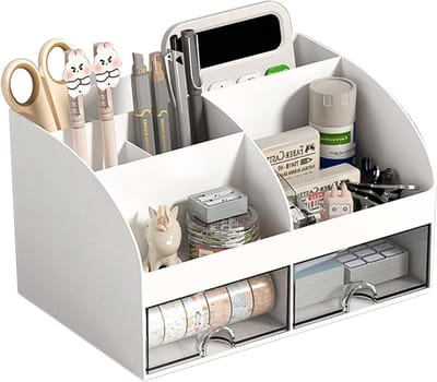 Multifunctionele Bureau Organizer met 2 Lades en 6 Compartimenten voor Kantoor en School, Ruime Plastic Opbergoplossing voor Bureauaccessoires en Stationery