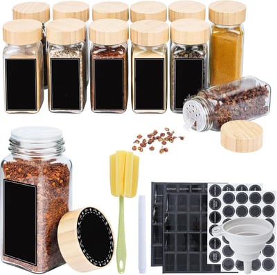 NAIZY kruidenpotjes vierkant 12 stuks 120ml glazen kruidenpotjes met hagelslag inzet, waterdichte etiketten, trechter, schoonmaakborstel kruidenpotje voor kruiden keuken accessoires, houten deksel