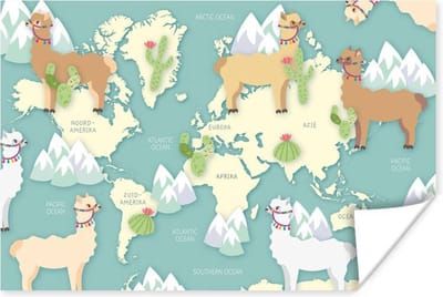 Poster 30x20 cm - Wereldkaart - Alpaca - Bergen - Posters - Kamer decoratie - Wanddecoratie woonkamer - Muurdecoratie slaapkamer
