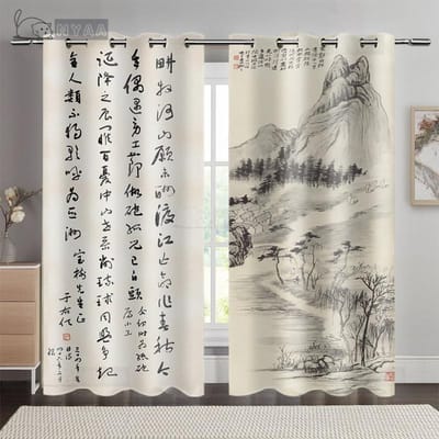 Chinese Landschapsschildering Woonkamer Vloer tot Plafond Raambekleding Chinese Schilderij Kantoor Ringtop Gordijn Op Maat cortinas (50Wx50H)x2(CM)&Grommet Top