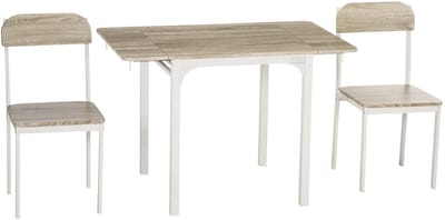 Eettafel en stoelen set 3-delig met 1 tafel 120x60x75 cm en 2 stoelen 47x40x84 cm naturel+wit Opvouwbaar tafelblad Ruimtebesparend ontwerp Stevig duurzaam stalen frame Geschikt voor keuken, eetkamer en kleine woonkamer