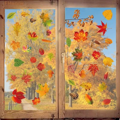 Muursticker Raamstickers Herfst / Autumn - Bladeren - Esdoorn blad - Eikels - Dennenappel - Bessen Tak | Bos Stickers | Raam Decoratie - Winkel - School - Peuterspeelzaal - Huis - Veranda | Herbruikbaar - Waterdicht - Verwijderbaar | DH collection