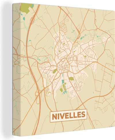 Canvas Schilderij Kaart - Retro - Stadskaart - Plattegrond - Nijvel - 20x20 cm - Wanddecoratie