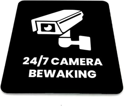 Deurbordje 24/7 camerabewaking - Zwart/wit met icoon - 12 x 10 cm - 1,6mm dikte - zelfklevend | Zwart/wit toplaag | Gratis Verzending | Incl. 3M-tape