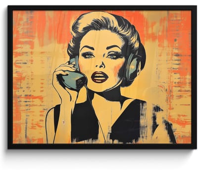 Poster in lijst - Fotolijst 70x50 cm - Posters - Retro - Vrouw - Koptelefoon - Oranje - Posterlijst zwart - Decoratie - Wanddecoratie woonkamer - Muurdecoratie slaapkamer