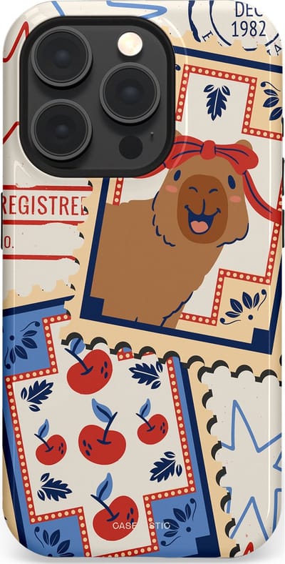 Casetastic hoesje geschikt voor Apple iPhone 15 Pro - MagSafe - Dubbellaagse bescherming - Kerst Capibara Post van de Noordpool - Fashion Case - Lichtgrijs Zand Terracotta