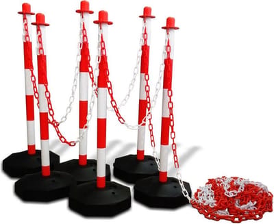 Kunststof kettingpalen set - kunststof afzetpalen + ketting en sluithaken - bestaat uit 6 palen en 25meter ketting - zout- en UV-bestendig