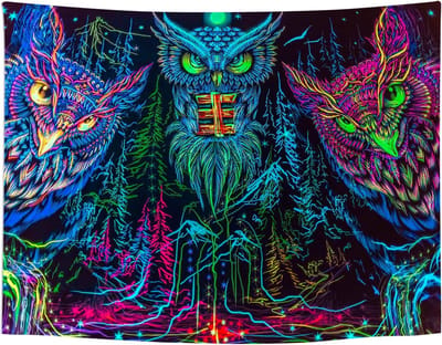 Ulticool - Uil Roofvogel Boho Bohemian - Glow in the Dark - Blacklight Party Wandkleed Achtergronddoek - 200x150 cm - Backdrop UV Lamp Reactive - Groot wandtapijt - Poster - Fluoriserende Neon Verlichting - Decoratie Versiering