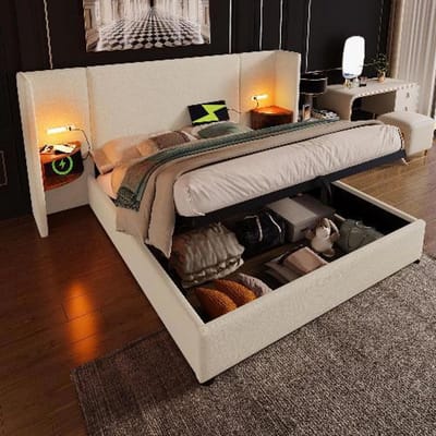 BLACKCOLORS Bed 180×200 cm opbergbed Gestoffeerd tweepersoonsbed met nachtkastje, leeslamp en USB Type-C Linnen Beige