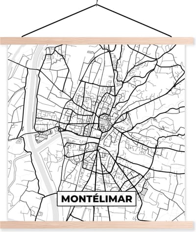 Posterhanger incl. Poster 40x40 cm - Schoolplaat - Montélimar - Frankrijk - Plattegrond - Stadskaart - Kaart - Zwart wit - Textielposter - Blanke latten - Stadskaart