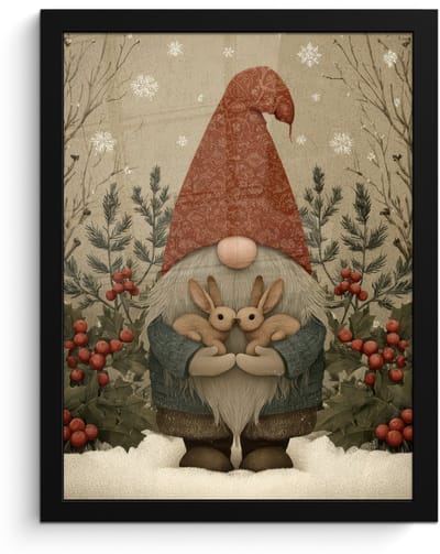 Poster in lijst - Fotolijst 30x40 cm - Posters - Kerstgnome - Konijntjes - Kleurrijk - Posterlijst zwart - Decoratie - Wanddecoratie woonkamer - Muurdecoratie slaapkamer - Kerstversiering - Kerstdecoratie voor binnen - Kerstmis