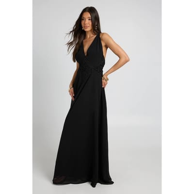 boohoo Dames Chiffon Maxi Jurk Met Applicatie Detail En Floaty Effect | Zwart | Maat: 36
