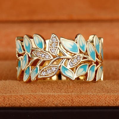 Huitan Groen Blad Emaille Ring Dames Mode Vinger Accessoires voor Feest Goudkleurig Gezet Kristal CZ Steen Chic Vrouwen Sieraden 7 brown