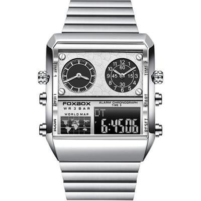 2022 FOXBOX Nieuwe Horloges Voor Mannen Luxe Merk Roestvrij Staal Militaire Polshorloge Casual Digitale Sport Datum Klok Chronograaf Herenhorloge LUIK zilver