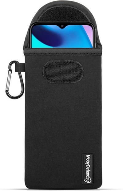 MobyDefend Hoesje - Geschikt voor Motorola Moto E20 - Neopreen Pouch Met Karabijnhaak - Insteek - Riemlus - Zwart