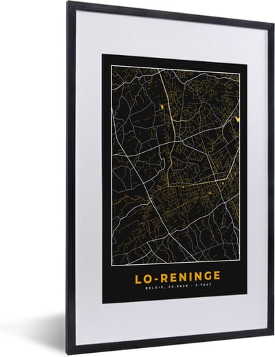 Fotolijst incl. Poster - Kaart - Lo-Reninge - Zwart - Stadskaart - Plattegrond - 40x60 cm - Posterlijst