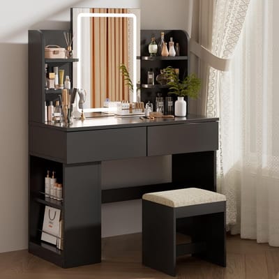 Kaptafel met Verstelbare LED Verlichting, Grote Spiegel en Veel Opbergruimte | Make-up Tafel Zwart