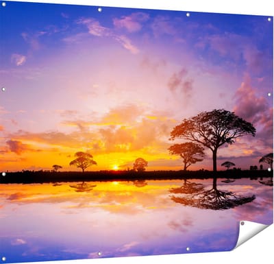 Gards Tuinposter Silhouet van Bomen tijdens Zonsondergang - 150x120 cm - Tuindoek - Tuindecoratie - Wanddecoratie buiten - Tuinschilderij