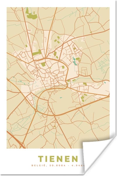 Poster Stadskaart - Tienen - Plattegrond - Kaart - Vintage - 120x180 cm XXL