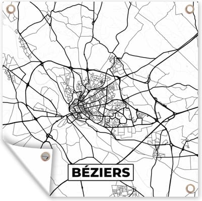 Tuin poster Frankrijk - Béziers - Plattegrond - Stadskaart - Kaart - Zwart wit - 200x200 cm - Tuindoek