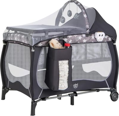 Babyledikant 4-in-1 - Reiswieg Box - Veilig Spelen - Met Speelgoed Muziekdoos - 102x72x74 cm - Grijs Sterren