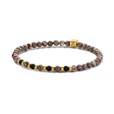 Frank 1967 – Heren Armband – 7FB-0710 Kralen Armband 4mm - Snow Flack Stone - Zwart Agaat - 18cm - Rekbaar - Goudkleurig