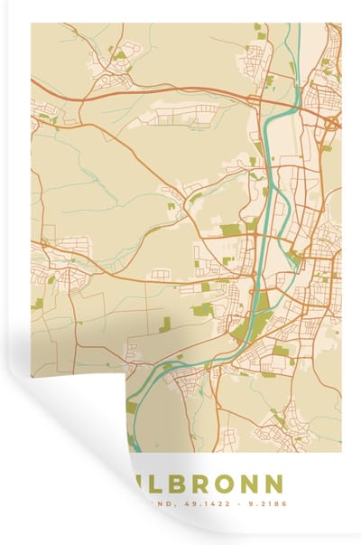 Muurstickers - Sticker Folie - Heilbronn - Plattegrond - Vintage - Stadskaart - Kaart - 20x30 cm - Plakfolie - Muurstickers Kinderkamer - Zelfklevend Behang - Zelfklevend behangpapier - Stickerfolie