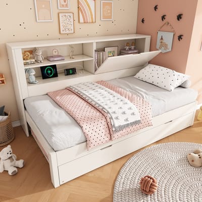 Slaapbank 90x200 cm - met uitschuifbaar bed - open vakken - opbergruimte - USB/USB-C oplaadstation - wit - zonder matras