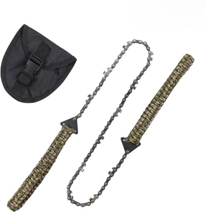 Zakkettingzaag met Paracord-handgreep, opvouwbare kettinghandzaag, nooduitrusting voor buiten om te overleven tijdens kamperen, jagen, wandelen, houtzagen en bomen zagen (11 tanden, 24'' lang) - Camouflagegroen