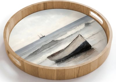 Dienblad rond 40x40 cm - Schootdienblad hout - Roeiboot - Zee - Horizon - Borrelplank rechthoek - Plateau houten dienbladen