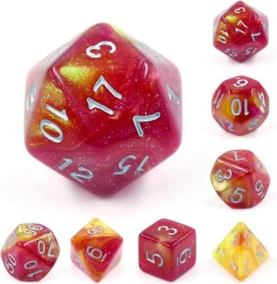 Polyset Dice | Dobbelstenen - Set Van 7 Stuks - Rood Geel Glitters en Wit | Polydice | Voor D&D en Andere Rollenspellen | Plastic Dobbelstenen Set voor Dungeons and Dragons | Polyhedral Dice Set | Met Mooie Zwarte Velvet Dice Bag voor Ongeveer 3 Sets