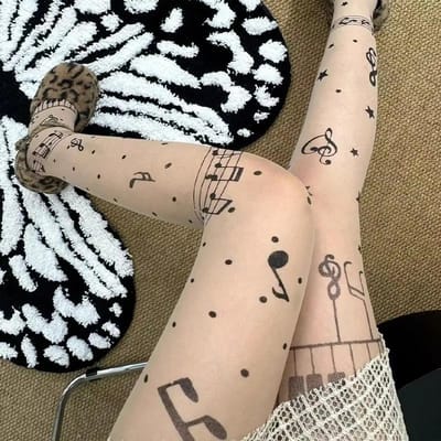 Kave Y2K Muzieknoot Patroon Piano Panty's Voor Vrouwen Gothic Kousen Kwaii Lolita Zijde Dunne Lange Sokken Festival Doorzichtige Panty's M black