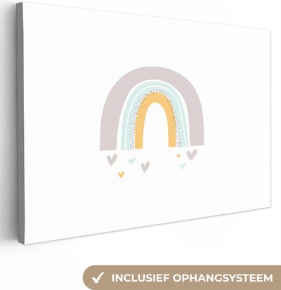 Canvas schilderij regenboog - Regenboog - Hartjes - Sterren - Kleuren - Kinderkamer - Wanddecoratie meisjes - Wanddecoratie jongens - Canvasdoek kinderen - 30x20 cm