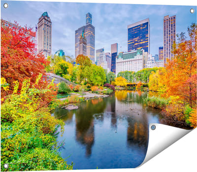 Gards Tuinposter Kleurrijke Central Park tijdens de Herfst - 80x60 cm - Tuindoek - Tuindecoratie - Wanddecoratie buiten - Tuinschilderij