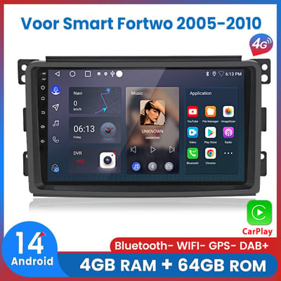Awesafe 8-Core 4+64GB Autoradio - Geschikt Voor Mercedes Benz Smart Fortwo 2005 t/m 2010 - Draadloze Carplay Android Auto - Touchscreen - GPS Navigatie 4G WiFi - Bluetooth Radio - 2005 2006 2007 2008 2009 2010