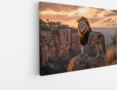 Saammp Canvas Schilderij - Leeuw op uitstekede rots - Dieren - Abstract - 45x30 - Foto op canvas - Wanddecoratie - Muurdecoratie Woonkamer - Slaapkamer decoratie - Canvas Print