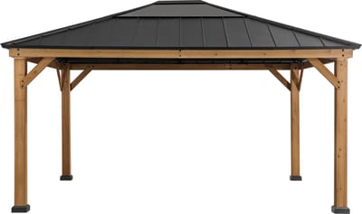 Gazebo luxe tuinpaviljoen in cedarwood/antraciet powder coated staal met lichtdoorlatende hard-top 452 x 393cm