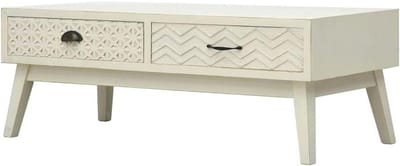 Vintage salontafel - Bijzettafel meubel - Woonkamer inrichten - Twee gesneden laden - 110 x 50 x 40 cm - Grijs