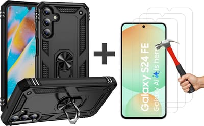 Hoesje Geschikt voor Samsung Galaxy S24 FE hoesje - Hybrid Armor Anti-Shock hoes - Arara Ringhouder TPU backcover met 3 Stuks gehard glas Screenprotectors - Zwart