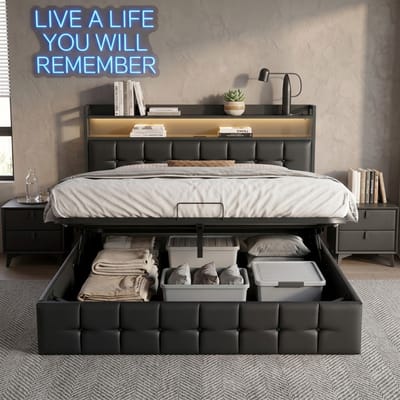 Tweepersoonsbed 140x200 cm Zwart PU met Hydraulische Opbergruimte, LED en USB-poorten