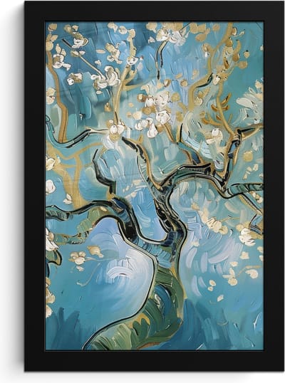 Poster in lijst - Fotolijst 20x30 cm - Posters - Amandelbloesem boom - Blauw - Abstract - Posterlijst zwart - Decoratie - Wanddecoratie woonkamer - Muurdecoratie slaapkamer