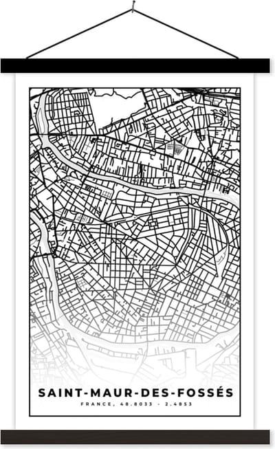 Posterhanger incl. Poster 40x60 cm - Schoolplaat - Frankrijk - Kaart - Plattegrond - Stadskaart - Saint-Maur-des-Fossés - Zwart wit - Textielposter - Zwarte latten - Stadskaart